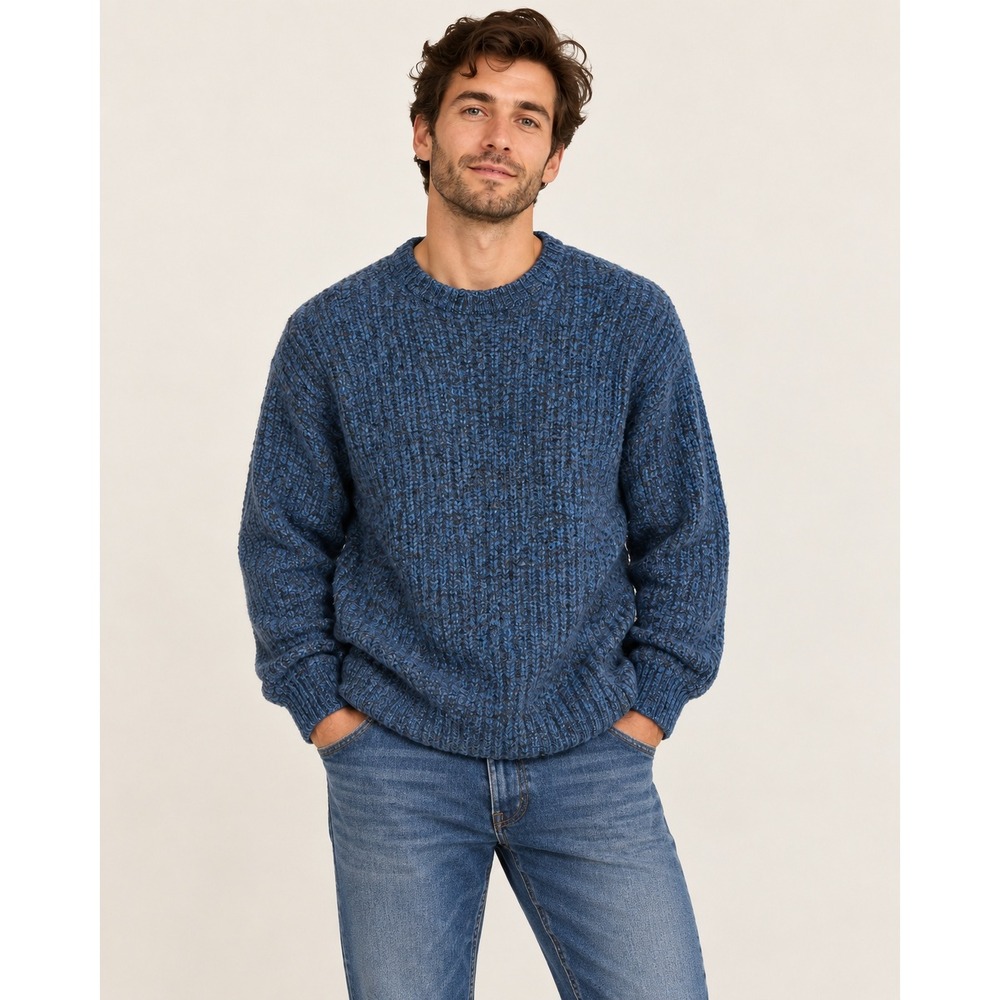 LL Bean Sweater Mens Large Gorpcore Cabincore Blue Marled Wool Ribbed Knit USA